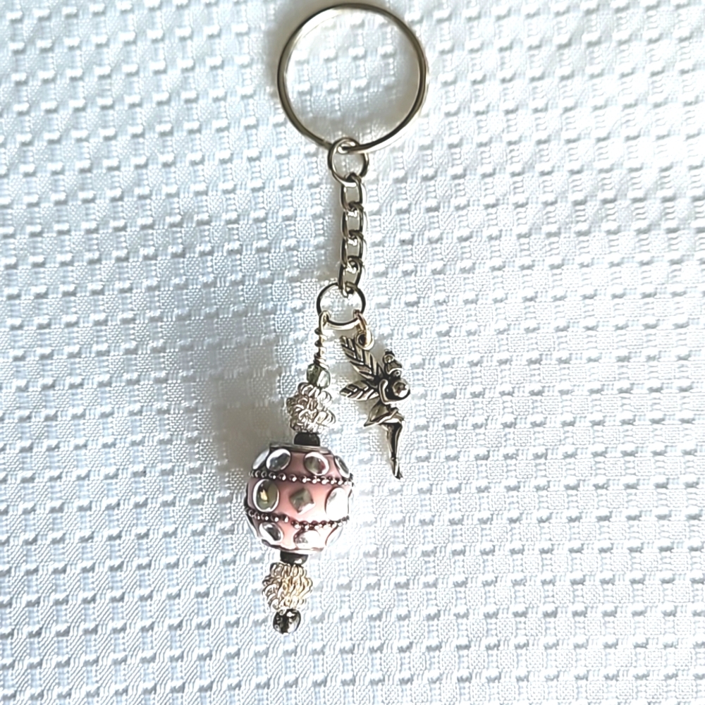 Enchanted Silver Fairy Charm Pink And Silver Beaded Keychain Keyring Handmade